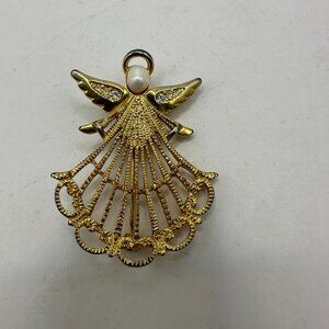 Vintage Avon Gold Tone Angel Brooch Pin With Faux Pearl & Rhinestones
